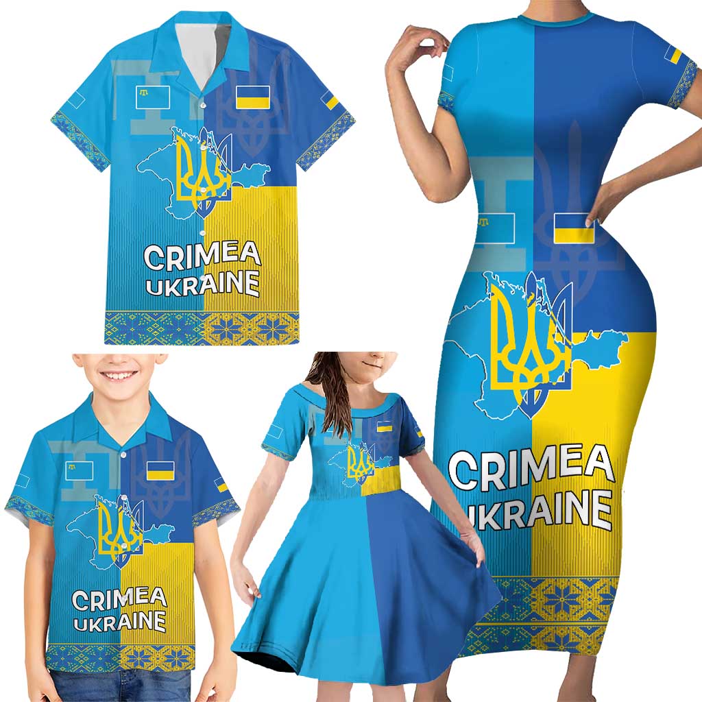 Personalized Crimean Tatar Flag Day Family Matching Short Sleeve Bodycon Dress and Hawaiian Shirt Ukraine Crimea Map