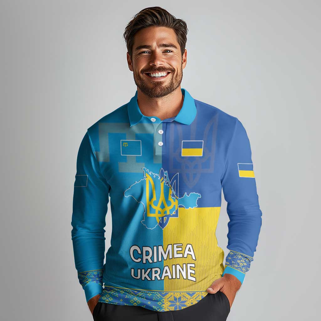 Personalized Crimean Tatar Flag Day Long Sleeve Polo Shirt Ukraine Crimea Map