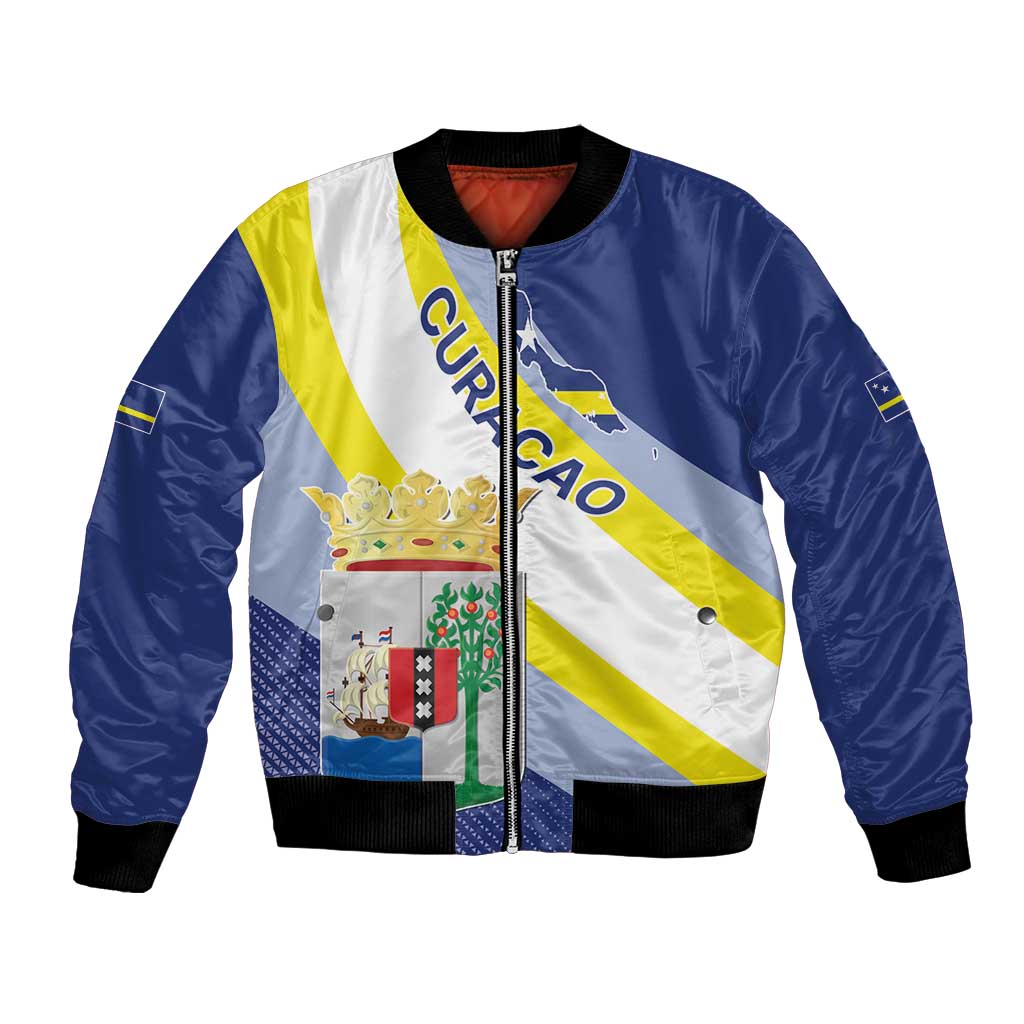 Personalized Curacao Coat of Arms Bomber Jacket Map Flag Style