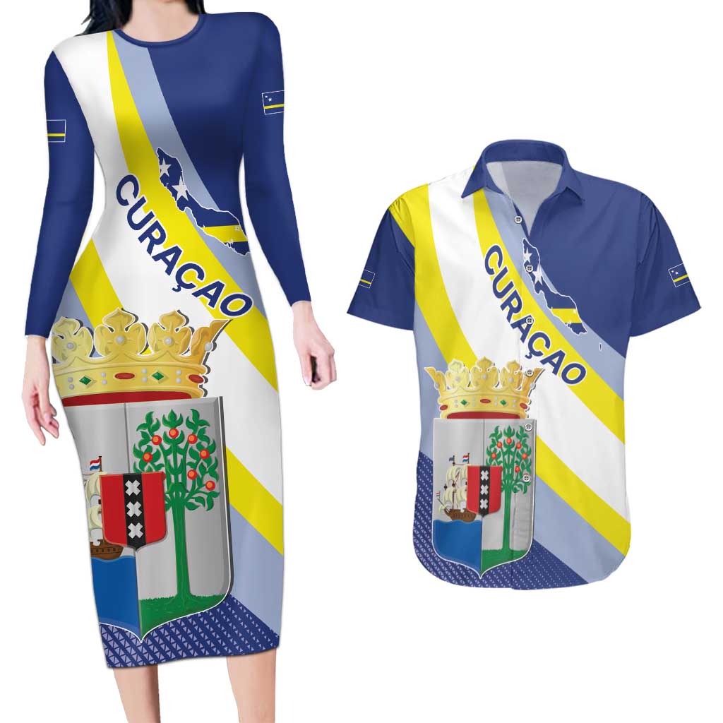 Personalized Curacao Coat of Arms Couples Matching Long Sleeve Bodycon Dress and Hawaiian Shirt Map Flag Style