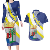 Personalized Curacao Coat of Arms Couples Matching Long Sleeve Bodycon Dress and Hawaiian Shirt Map Flag Style