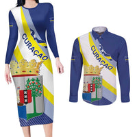 Personalized Curacao Coat of Arms Couples Matching Long Sleeve Bodycon Dress and Long Sleeve Button Shirt Map Flag Style