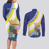 Personalized Curacao Coat of Arms Couples Matching Long Sleeve Bodycon Dress and Long Sleeve Button Shirt Map Flag Style