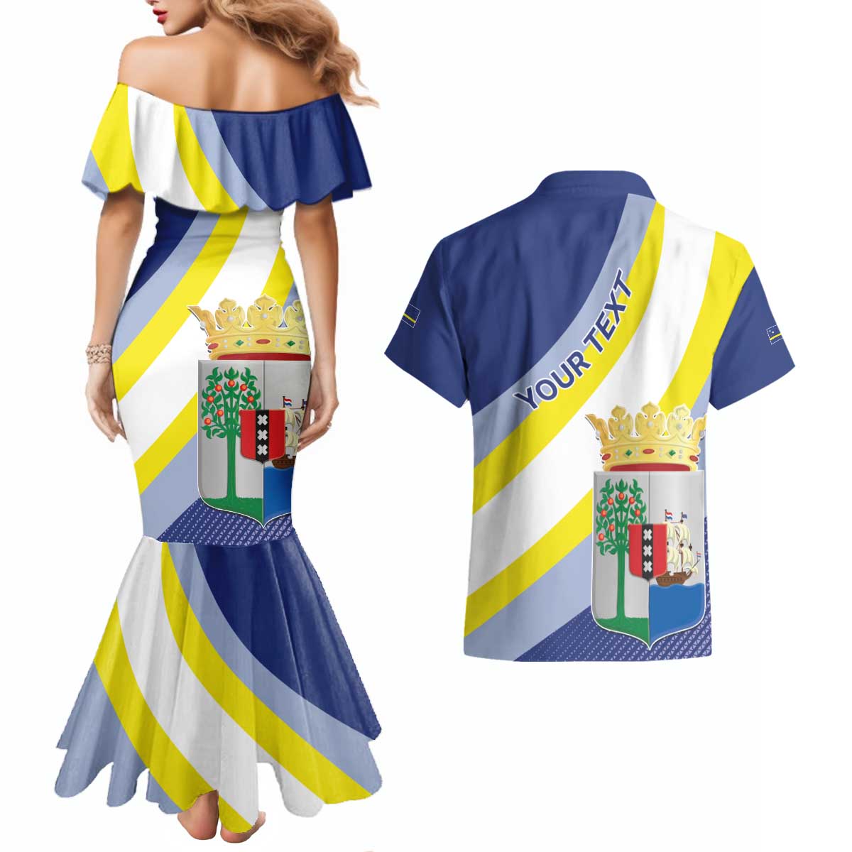 Personalized Curacao Coat of Arms Couples Matching Mermaid Dress and Hawaiian Shirt Map Flag Style