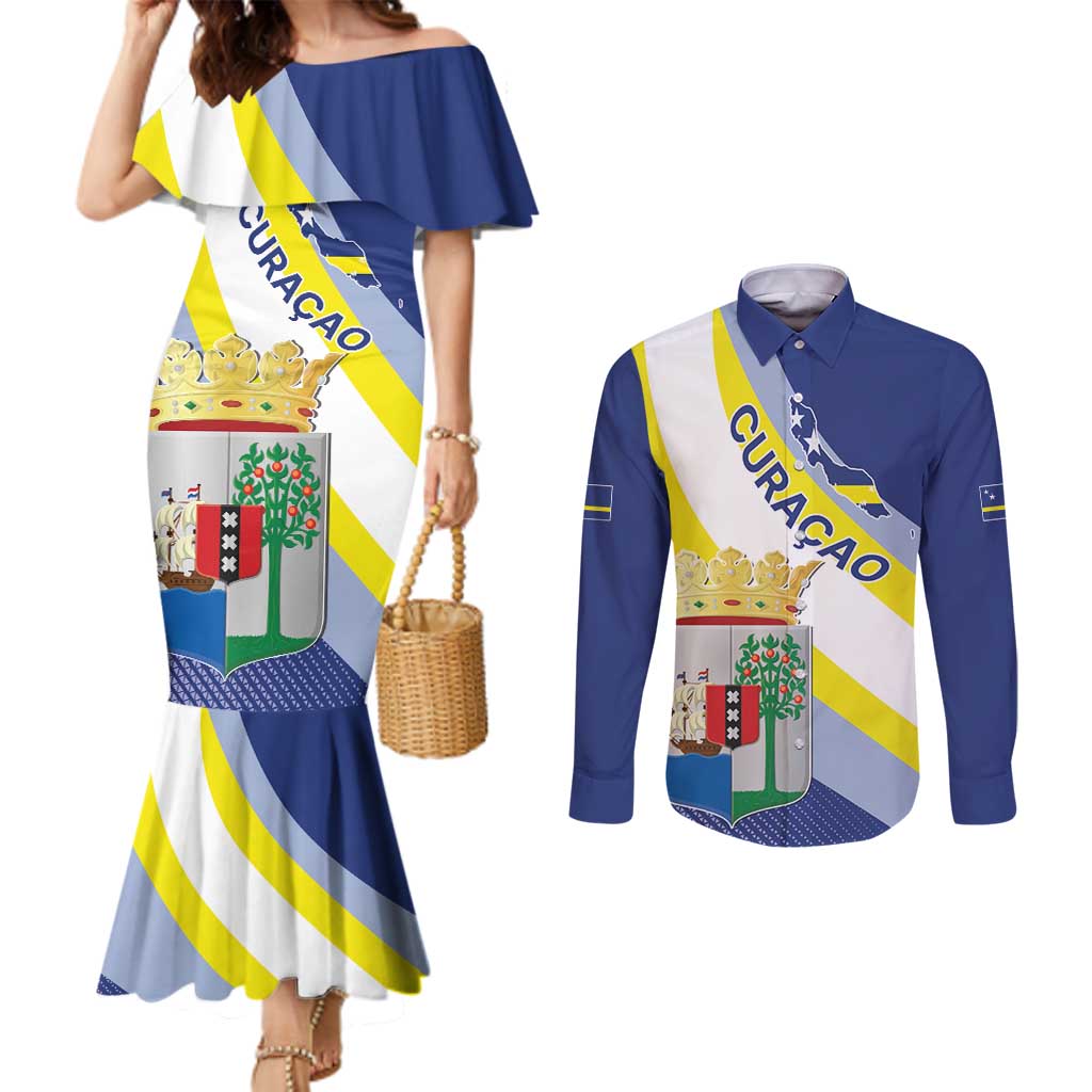 Personalized Curacao Coat of Arms Couples Matching Mermaid Dress and Long Sleeve Button Shirt Map Flag Style