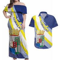 Personalized Curacao Coat of Arms Couples Matching Off Shoulder Maxi Dress and Hawaiian Shirt Map Flag Style