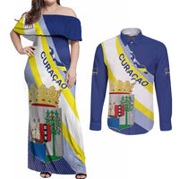 Personalized Curacao Coat of Arms Couples Matching Off Shoulder Maxi Dress and Long Sleeve Button Shirt Map Flag Style