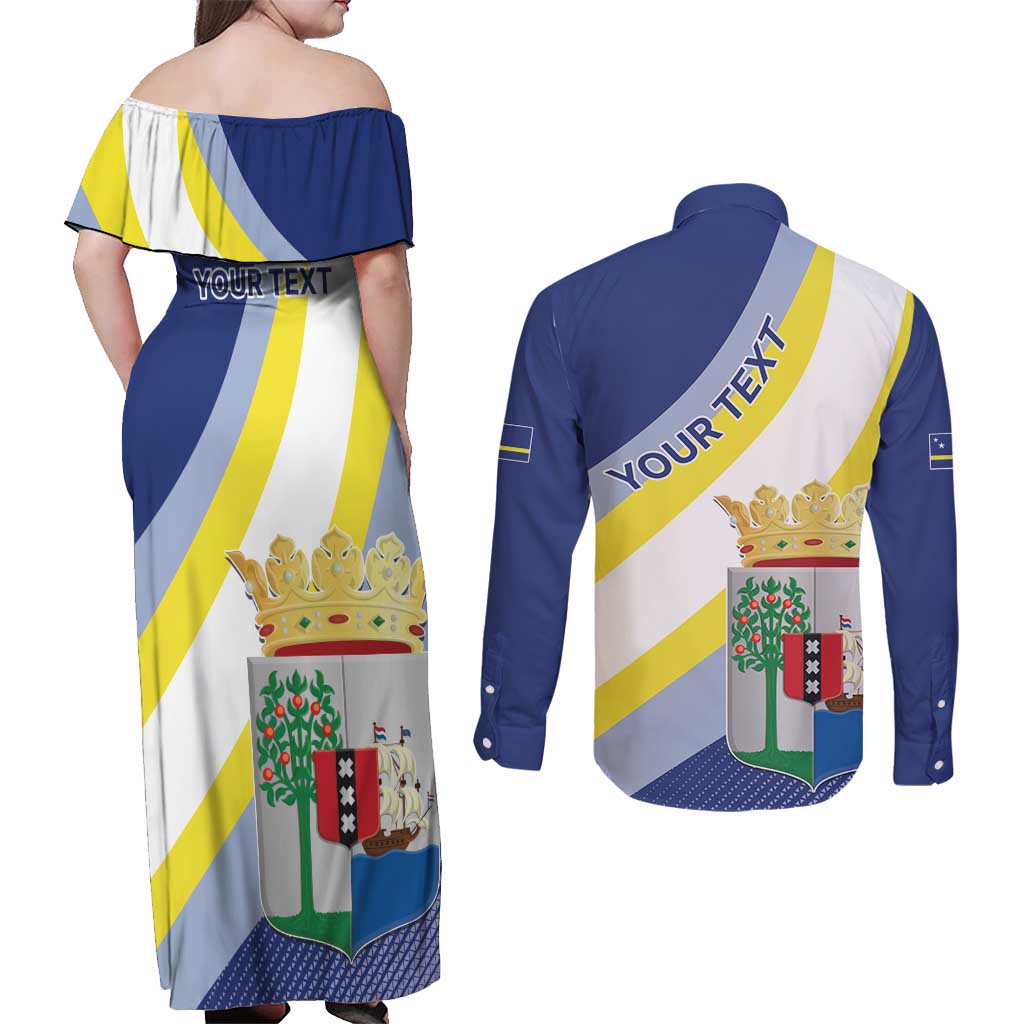 Personalized Curacao Coat of Arms Couples Matching Off Shoulder Maxi Dress and Long Sleeve Button Shirt Map Flag Style