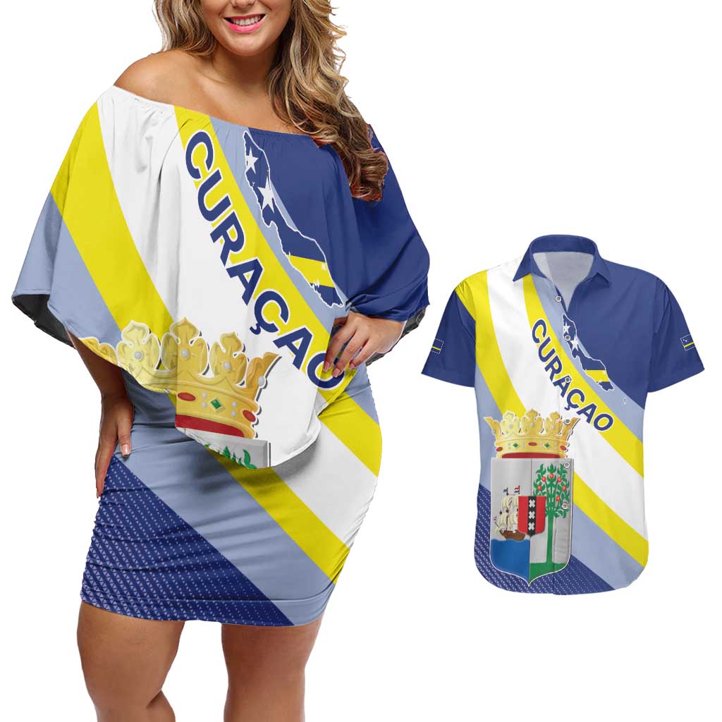 Personalized Curacao Coat of Arms Couples Matching Off Shoulder Short Dress and Hawaiian Shirt Map Flag Style