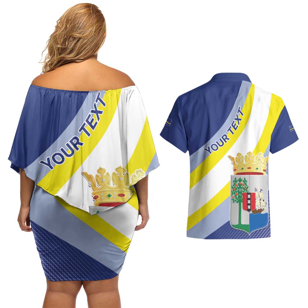 Personalized Curacao Coat of Arms Couples Matching Off Shoulder Short Dress and Hawaiian Shirt Map Flag Style