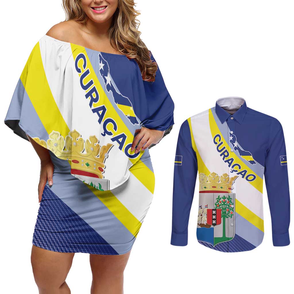 Personalized Curacao Coat of Arms Couples Matching Off Shoulder Short Dress and Long Sleeve Button Shirt Map Flag Style