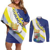 Personalized Curacao Coat of Arms Couples Matching Off Shoulder Short Dress and Long Sleeve Button Shirt Map Flag Style