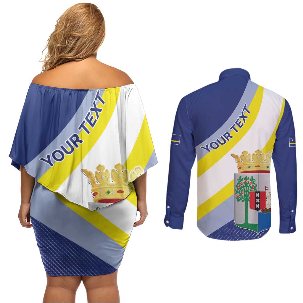 Personalized Curacao Coat of Arms Couples Matching Off Shoulder Short Dress and Long Sleeve Button Shirt Map Flag Style