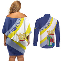 Personalized Curacao Coat of Arms Couples Matching Off Shoulder Short Dress and Long Sleeve Button Shirt Map Flag Style