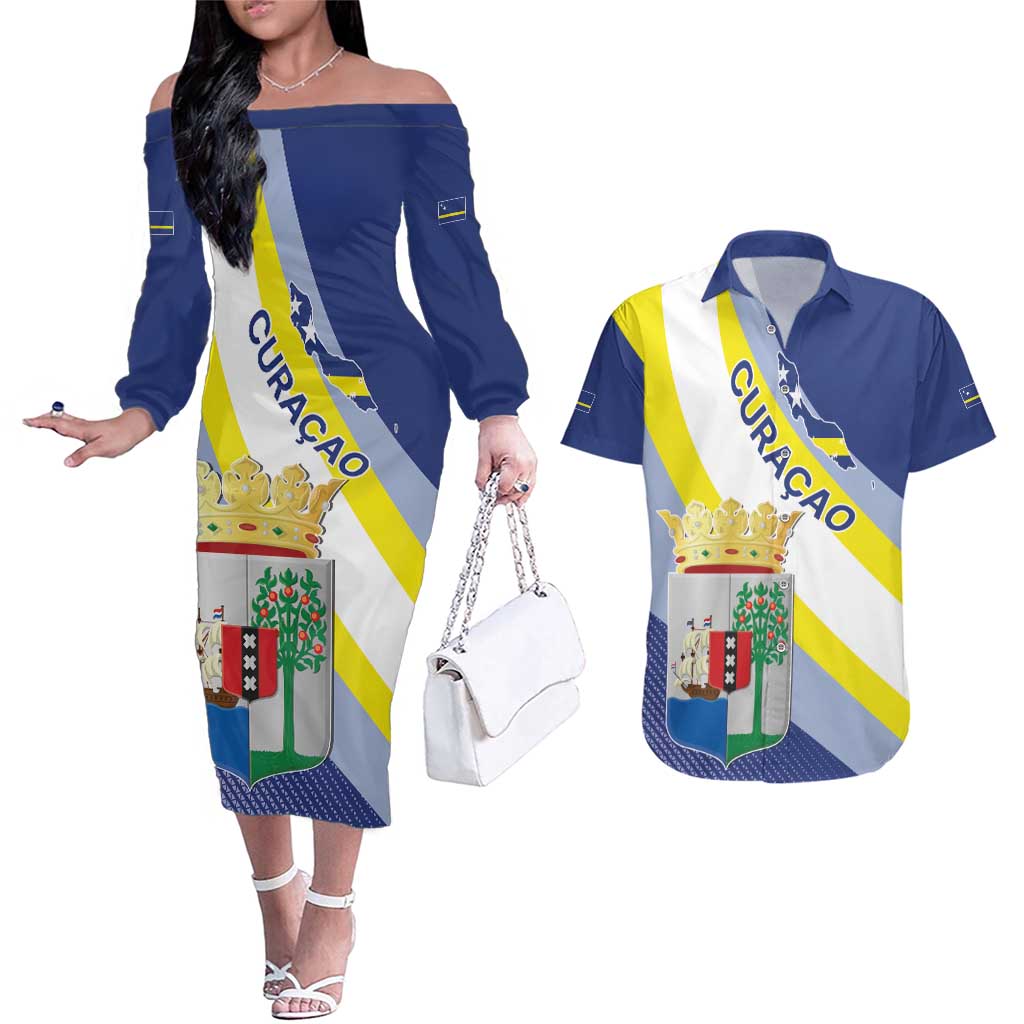 Personalized Curacao Coat of Arms Couples Matching Off The Shoulder Long Sleeve Dress and Hawaiian Shirt Map Flag Style
