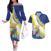 Personalized Curacao Coat of Arms Couples Matching Off The Shoulder Long Sleeve Dress and Hawaiian Shirt Map Flag Style