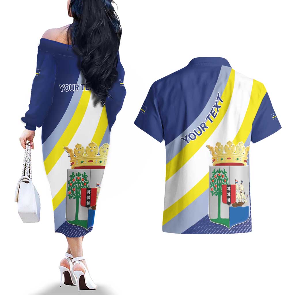 Personalized Curacao Coat of Arms Couples Matching Off The Shoulder Long Sleeve Dress and Hawaiian Shirt Map Flag Style