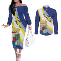 Personalized Curacao Coat of Arms Couples Matching Off The Shoulder Long Sleeve Dress and Long Sleeve Button Shirt Map Flag Style