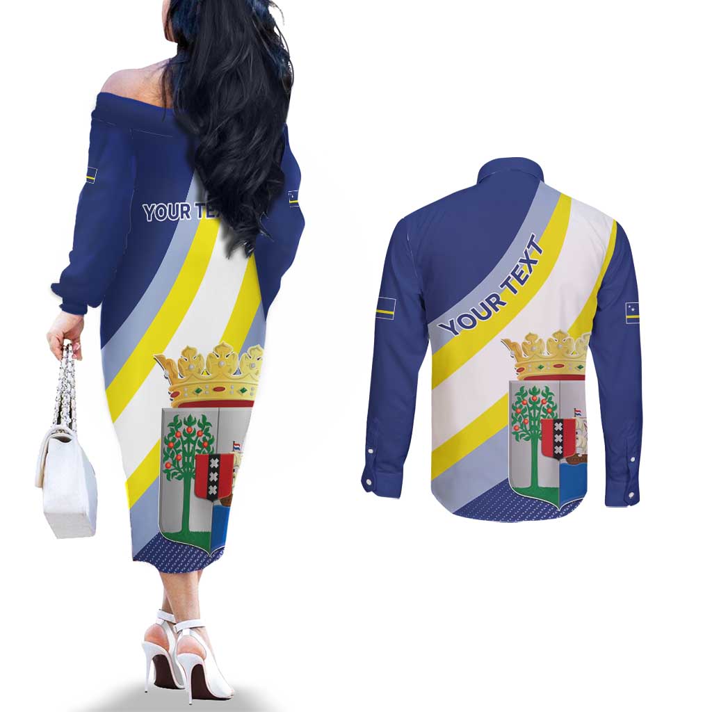 Personalized Curacao Coat of Arms Couples Matching Off The Shoulder Long Sleeve Dress and Long Sleeve Button Shirt Map Flag Style