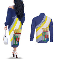 Personalized Curacao Coat of Arms Couples Matching Off The Shoulder Long Sleeve Dress and Long Sleeve Button Shirt Map Flag Style