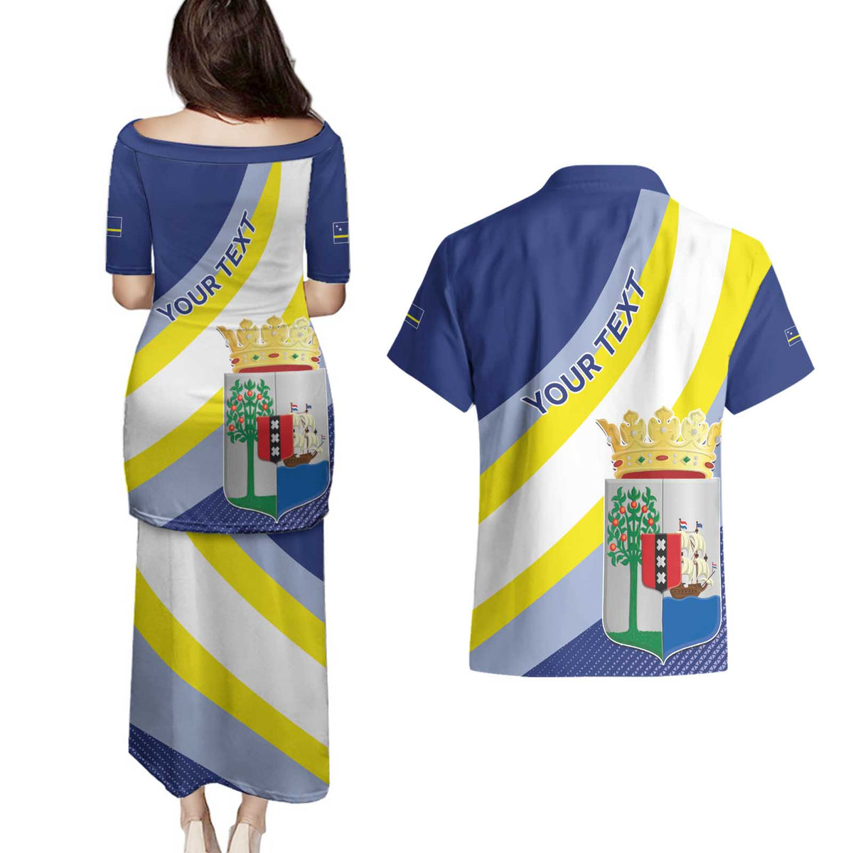Personalized Curacao Coat of Arms Couples Matching Puletasi and Hawaiian Shirt Map Flag Style