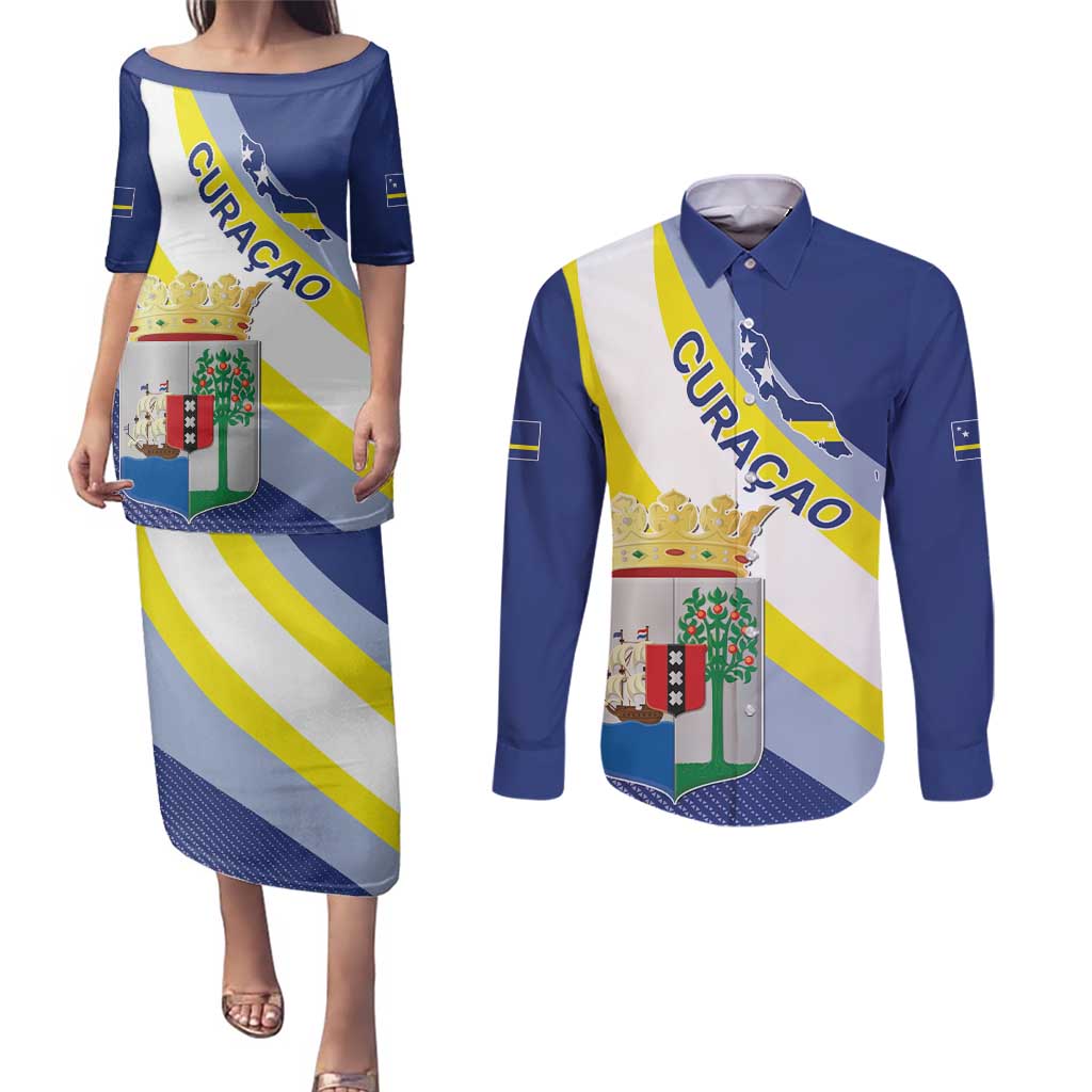Personalized Curacao Coat of Arms Couples Matching Puletasi and Long Sleeve Button Shirt Map Flag Style