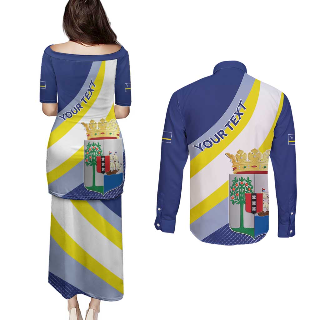Personalized Curacao Coat of Arms Couples Matching Puletasi and Long Sleeve Button Shirt Map Flag Style