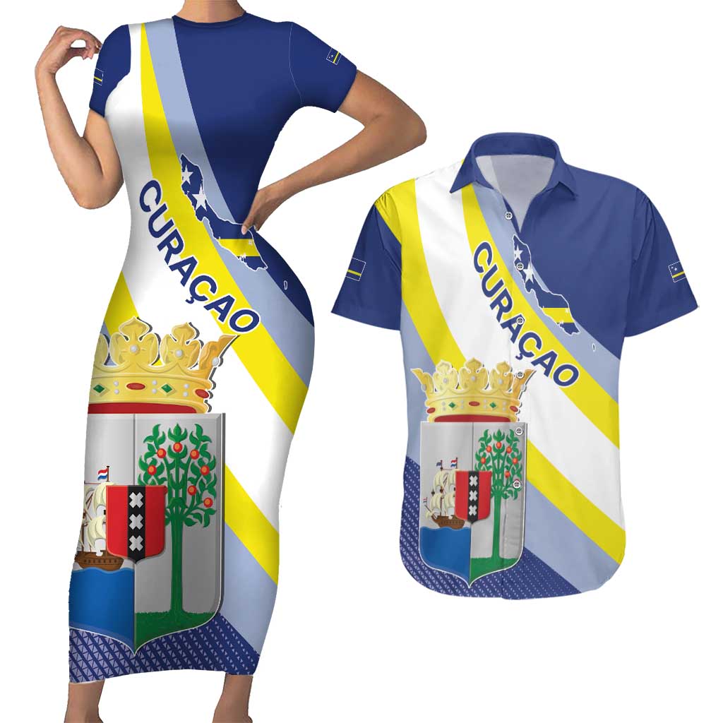 Personalized Curacao Coat of Arms Couples Matching Short Sleeve Bodycon Dress and Hawaiian Shirt Map Flag Style