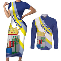 Personalized Curacao Coat of Arms Couples Matching Short Sleeve Bodycon Dress and Long Sleeve Button Shirt Map Flag Style