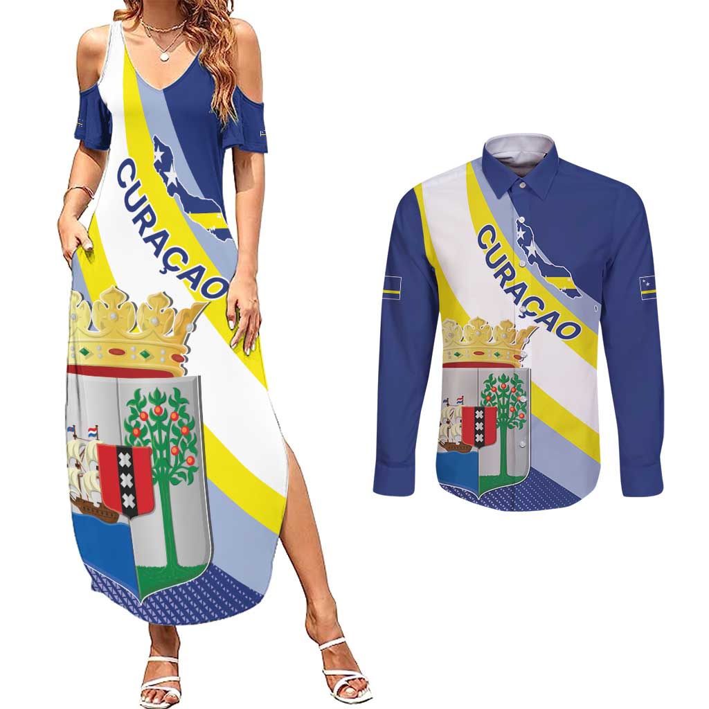 Personalized Curacao Coat of Arms Couples Matching Summer Maxi Dress and Long Sleeve Button Shirt Map Flag Style