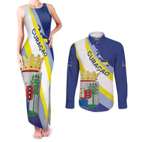 Personalized Curacao Coat of Arms Couples Matching Tank Maxi Dress and Long Sleeve Button Shirt Map Flag Style
