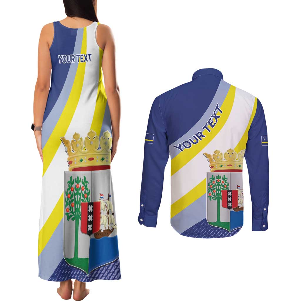 Personalized Curacao Coat of Arms Couples Matching Tank Maxi Dress and Long Sleeve Button Shirt Map Flag Style