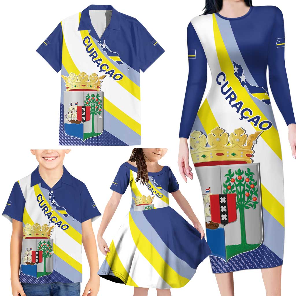 Personalized Curacao Coat of Arms Family Matching Long Sleeve Bodycon Dress and Hawaiian Shirt Map Flag Style