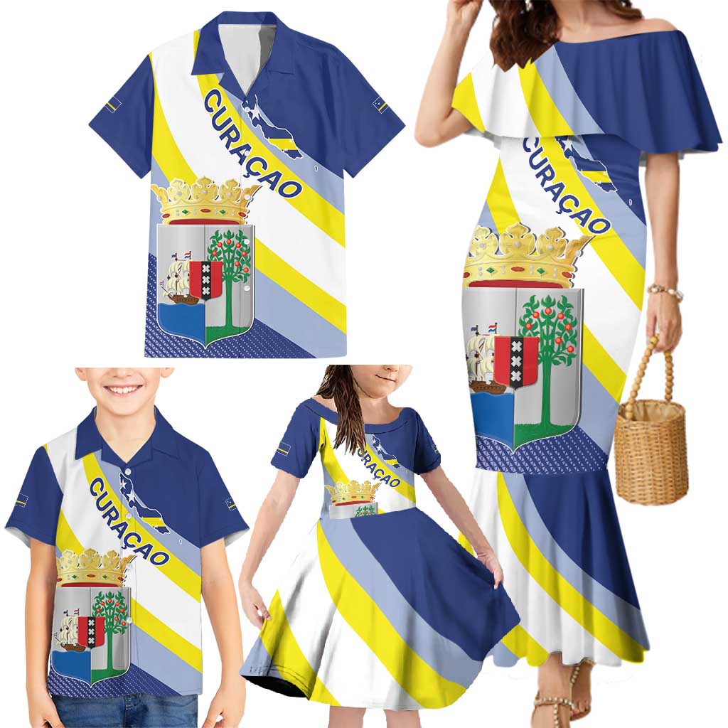 Personalized Curacao Coat of Arms Family Matching Mermaid Dress and Hawaiian Shirt Map Flag Style