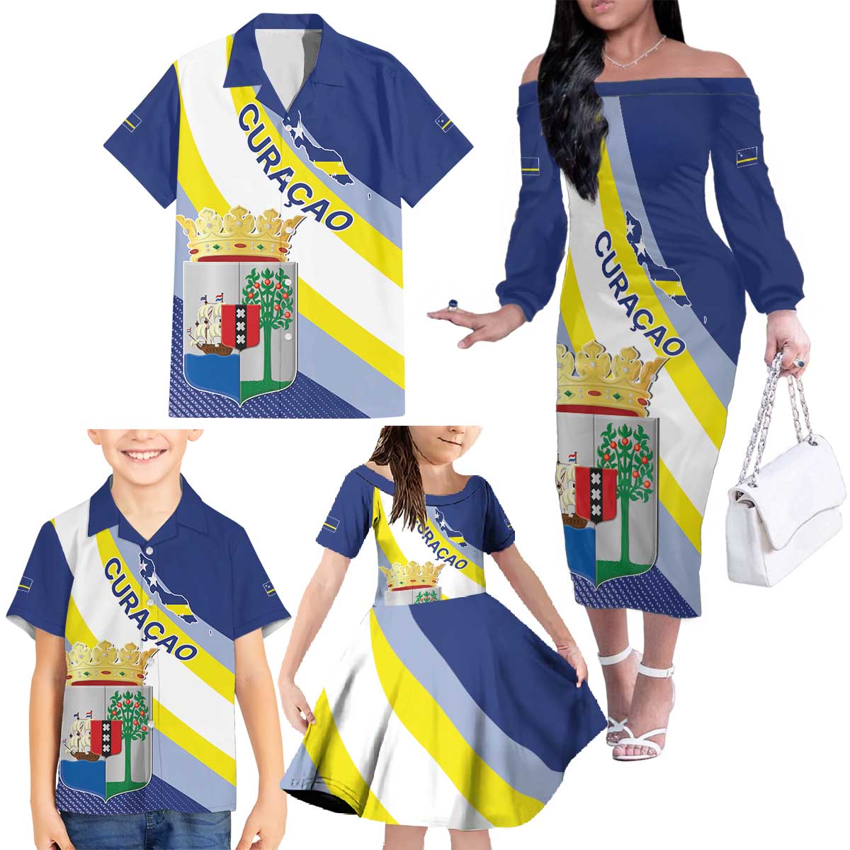 Personalized Curacao Coat of Arms Family Matching Off The Shoulder Long Sleeve Dress and Hawaiian Shirt Map Flag Style