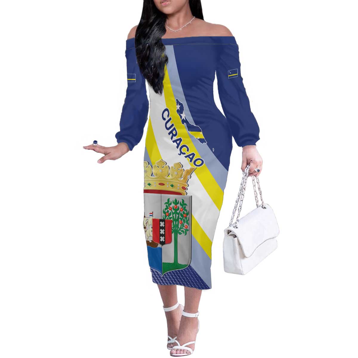 Personalized Curacao Coat of Arms Family Matching Off The Shoulder Long Sleeve Dress and Hawaiian Shirt Map Flag Style