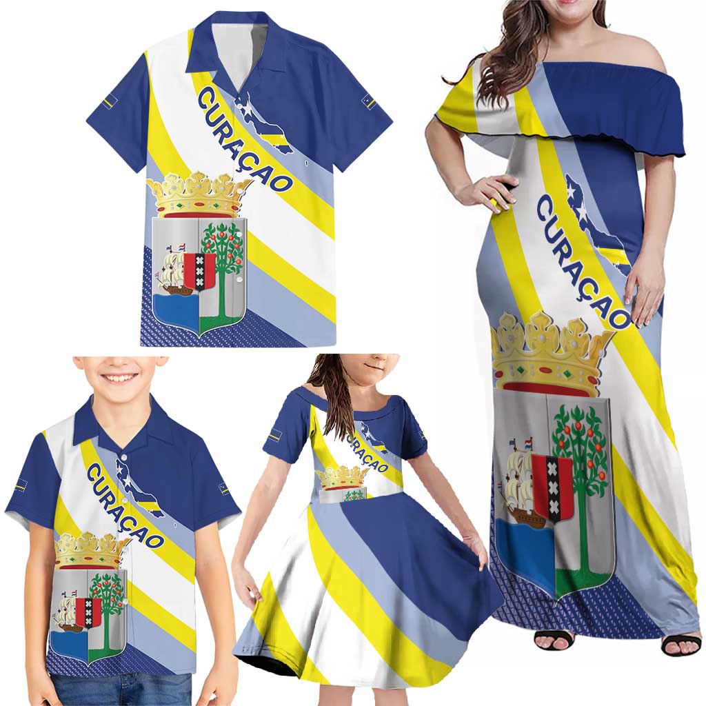 Personalized Curacao Coat of Arms Family Matching Off Shoulder Maxi Dress and Hawaiian Shirt Map Flag Style