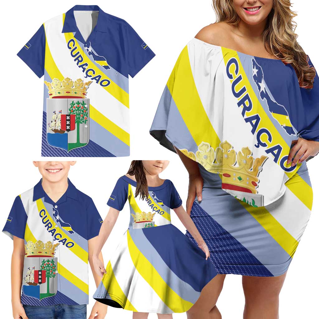 Personalized Curacao Coat of Arms Family Matching Off Shoulder Short Dress and Hawaiian Shirt Map Flag Style