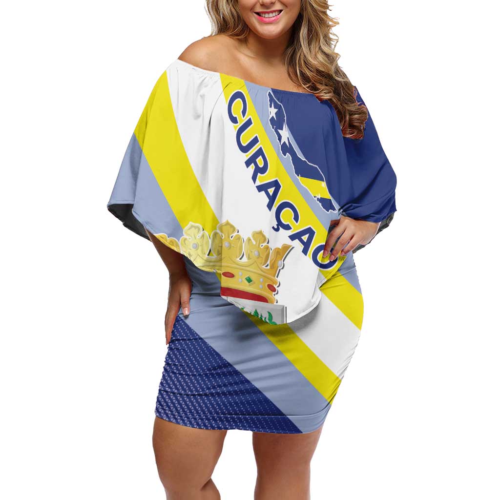 Personalized Curacao Coat of Arms Family Matching Off Shoulder Short Dress and Hawaiian Shirt Map Flag Style