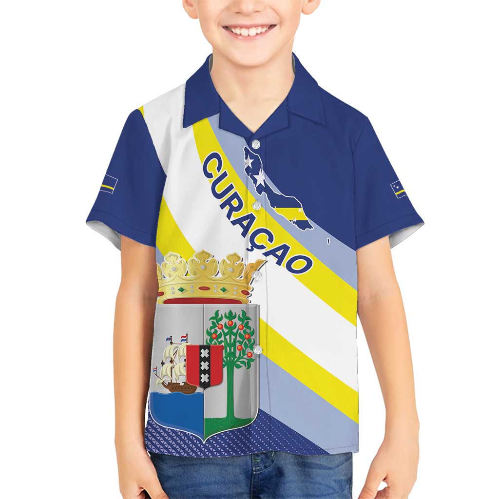 Personalized Curacao Coat of Arms Family Matching Off Shoulder Short Dress and Hawaiian Shirt Map Flag Style