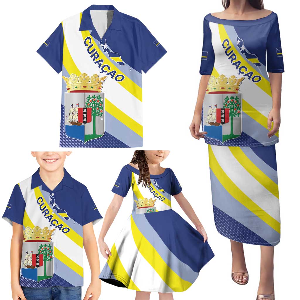 Personalized Curacao Coat of Arms Family Matching Puletasi and Hawaiian Shirt Map Flag Style
