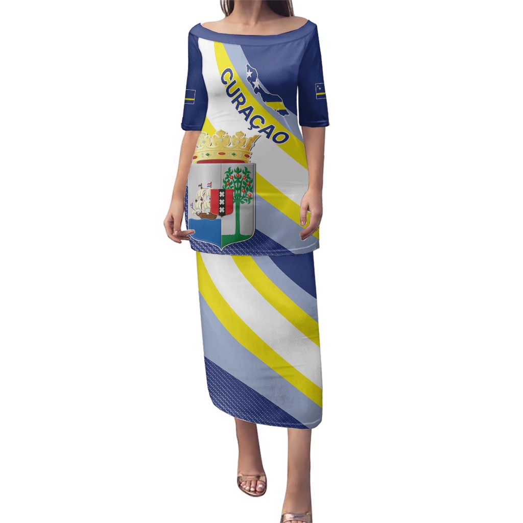 Personalized Curacao Coat of Arms Family Matching Puletasi and Hawaiian Shirt Map Flag Style