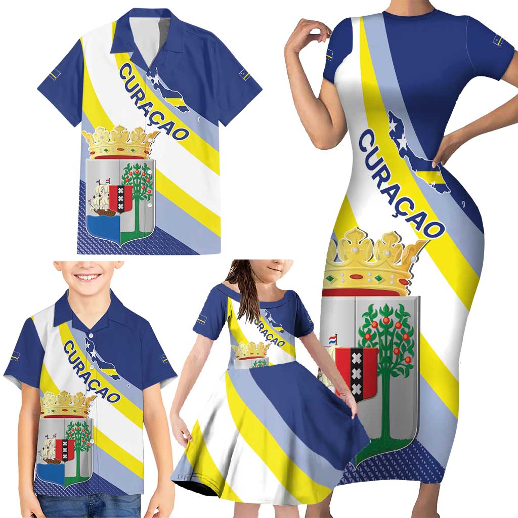 Personalized Curacao Coat of Arms Family Matching Short Sleeve Bodycon Dress and Hawaiian Shirt Map Flag Style