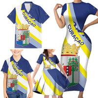 Personalized Curacao Coat of Arms Family Matching Short Sleeve Bodycon Dress and Hawaiian Shirt Map Flag Style