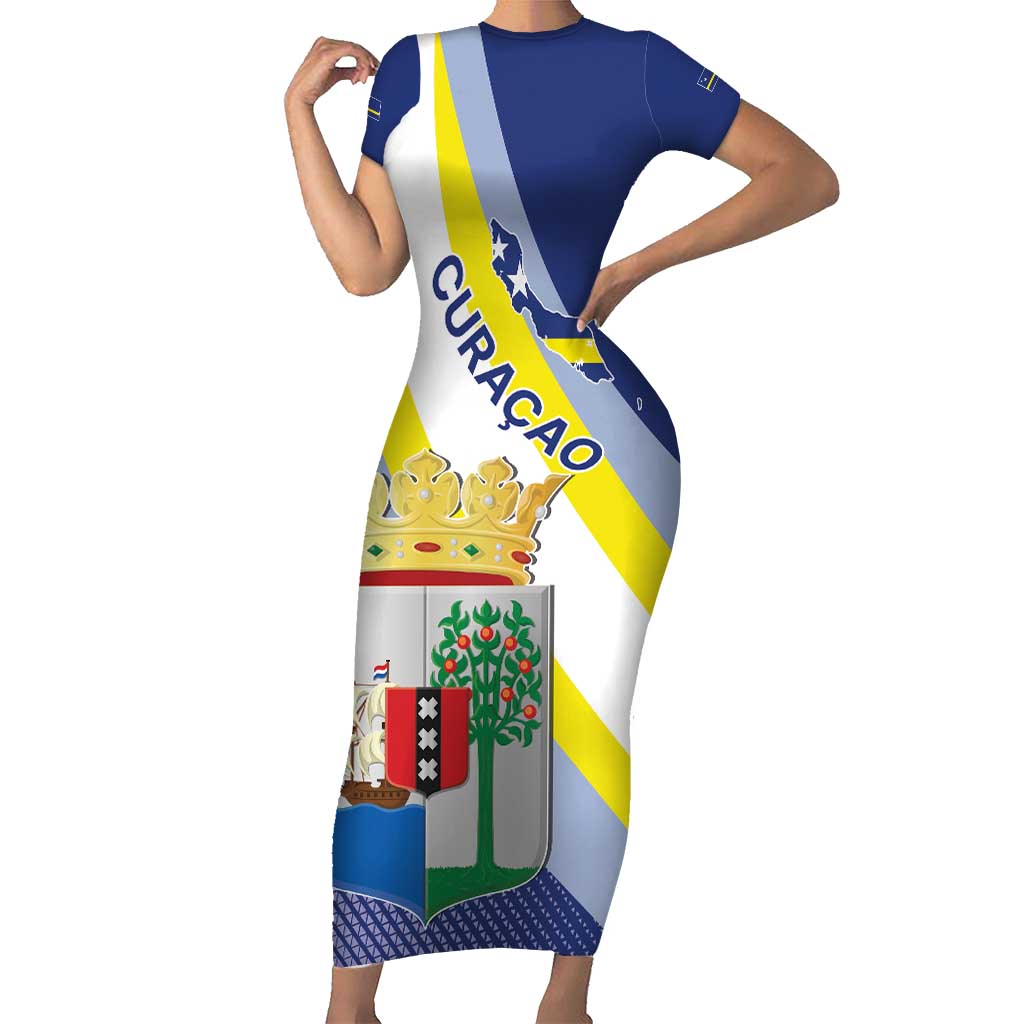 Personalized Curacao Coat of Arms Family Matching Short Sleeve Bodycon Dress and Hawaiian Shirt Map Flag Style