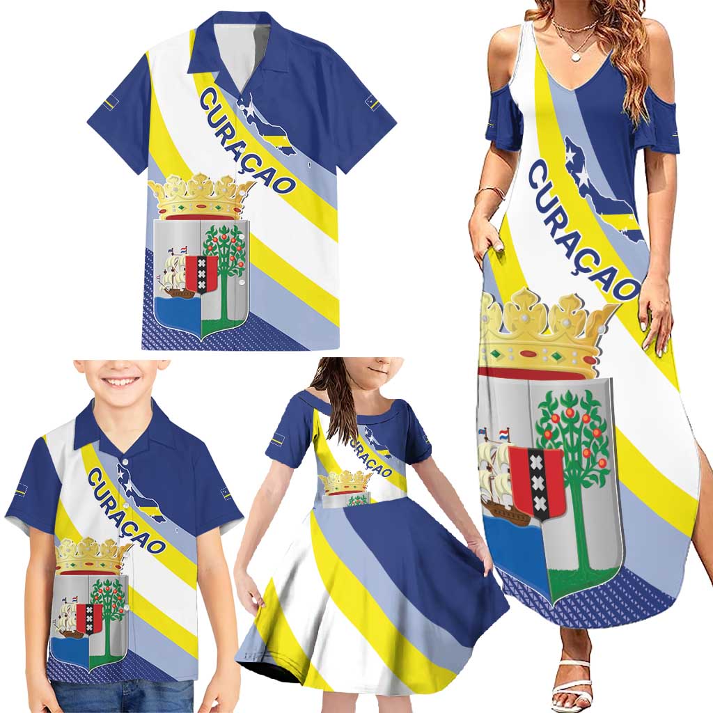 Personalized Curacao Coat of Arms Family Matching Summer Maxi Dress and Hawaiian Shirt Map Flag Style