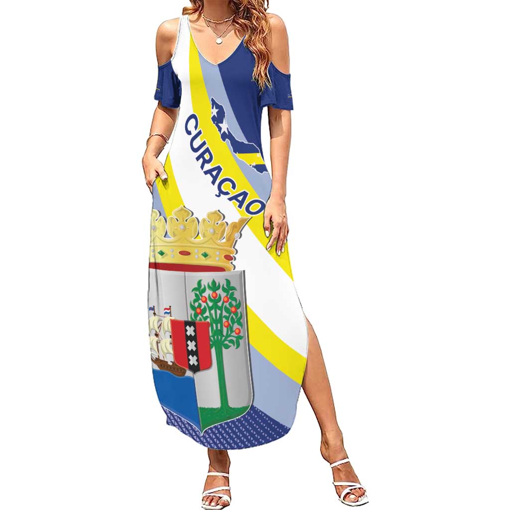 Personalized Curacao Coat of Arms Family Matching Summer Maxi Dress and Hawaiian Shirt Map Flag Style