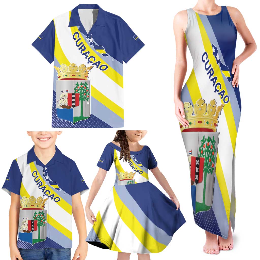 Personalized Curacao Coat of Arms Family Matching Tank Maxi Dress and Hawaiian Shirt Map Flag Style