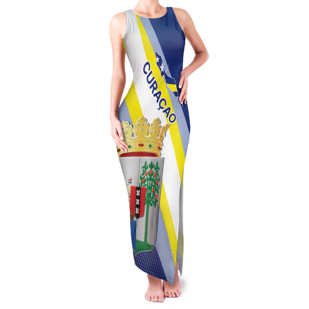 Personalized Curacao Coat of Arms Family Matching Tank Maxi Dress and Hawaiian Shirt Map Flag Style