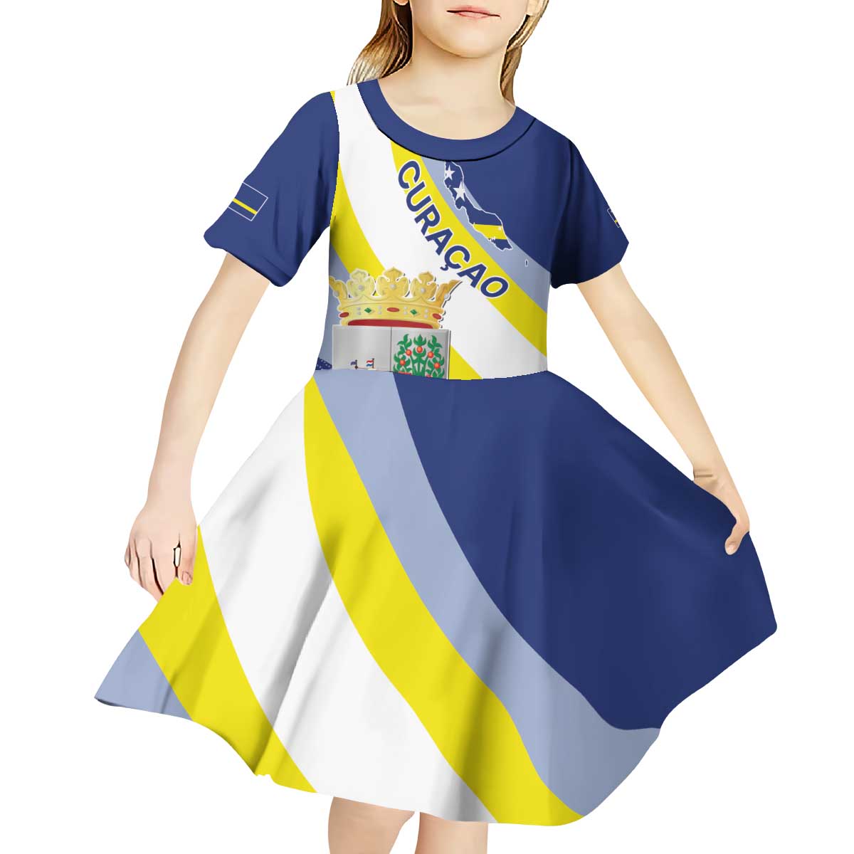 Personalized Curacao Coat of Arms Kid Short Sleeve Dress Map Flag Style